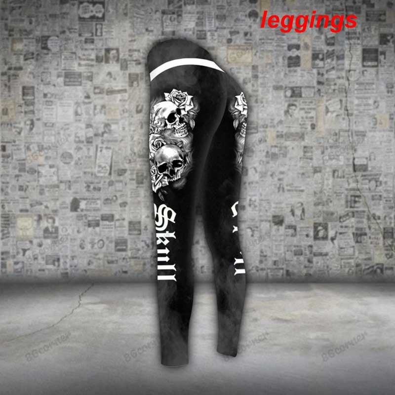 Women Fashion Skull Cloud Dark Gothic Criss-Cross Yoga Leggings + Combo Hollow Out Tank Top