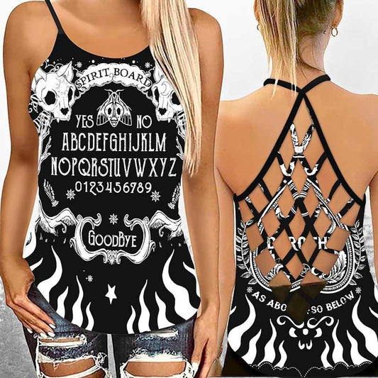 Cat Skull Spirit Board Criss-cross Tank Top for Witches Witchcraft Lovers Wicca Women Sexy Fashion Tank Top