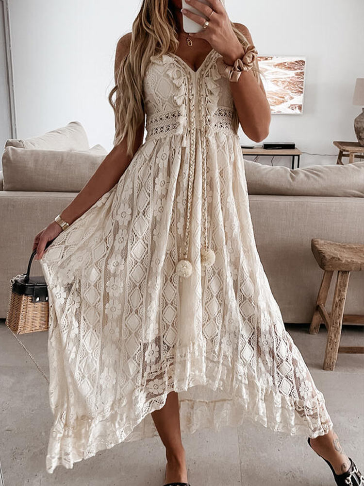 White Boho Dress with Off Shoulder a Lace and in V Neck Spaghetti Strap