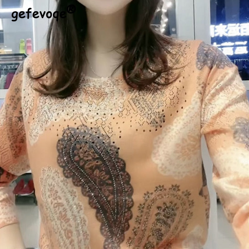 Autumn Winter O Neck with Printed Diamonds Sweater Loose Casual Pullover Top