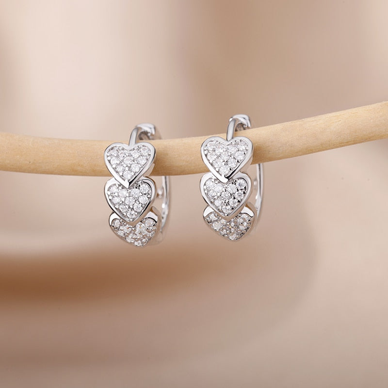 Gorgeous Heart Zircon Hoop Earrings in Stainless Steel Circle Huggie