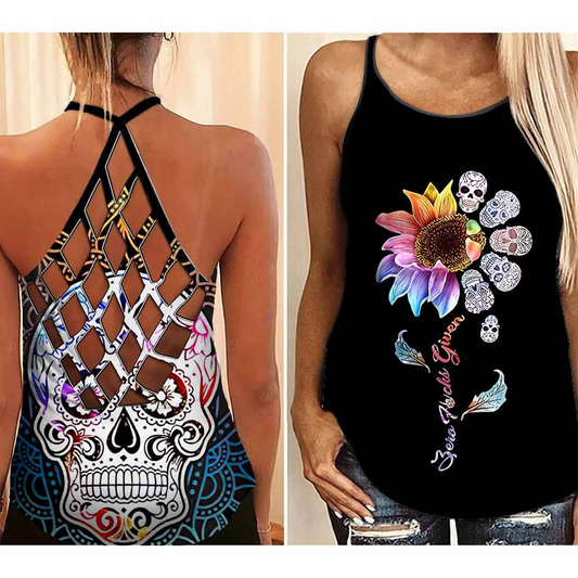 Women Fashion Skull Mandala Criss-cross Open Back Camisole Tank Top