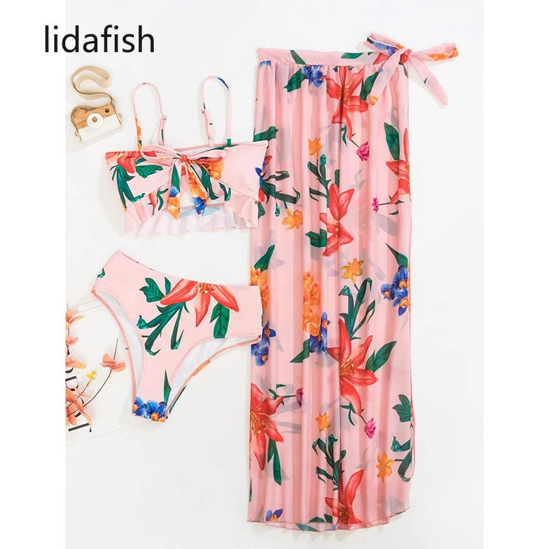 lidafish New Print 3 Pieces Set Swimsuit Women High Waist Swimwear Lace Up Bikini Set With Skirt Beachwear Bathing Suit