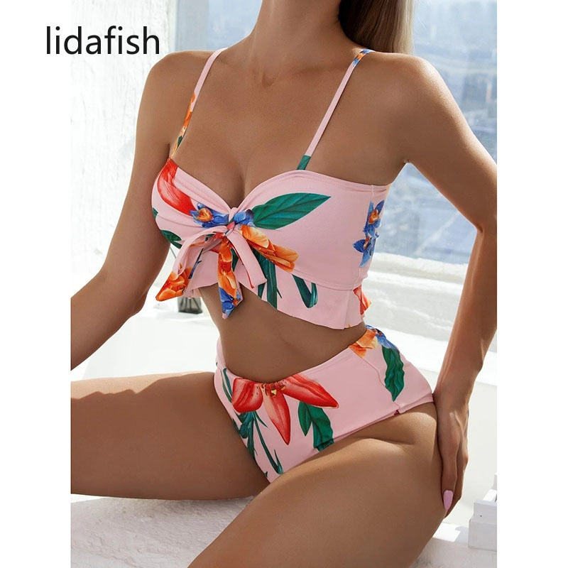 lidafish New Print 3 Pieces Set Swimsuit Women High Waist Swimwear Lace Up Bikini Set With Skirt Beachwear Bathing Suit