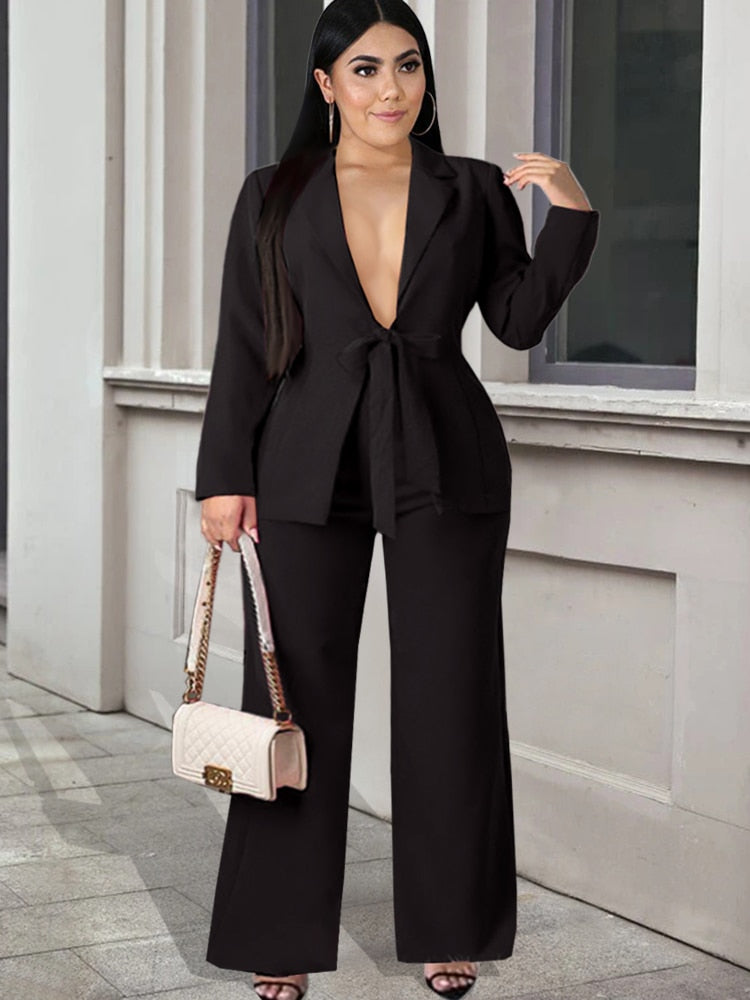 Blazer and Pants Suits in White or Black Colors with Sexy V Neck Long Wide Leg Trousers in Regular and Plus size