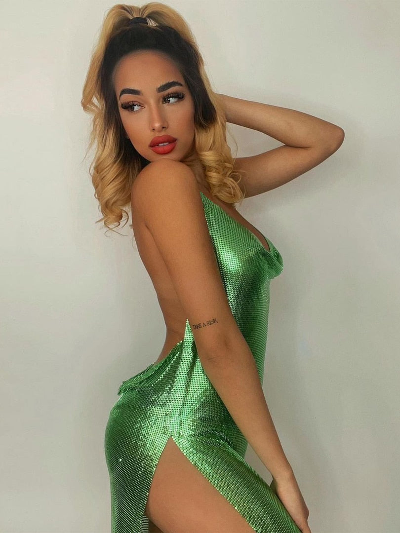 Sexy Neck Mounted Backless Dress with  Bling Glitter Bodycon