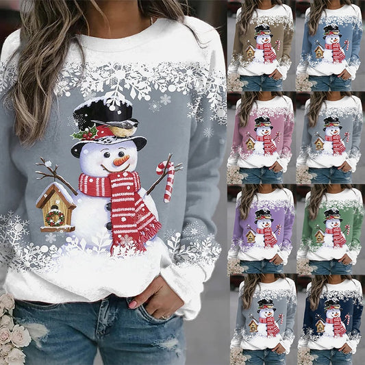 Autumn Winter T-shirt Christmas Printed Snowman Long Sleeve Loose Casual with Round Neck