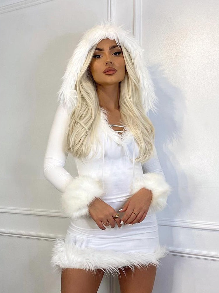 Furry White Bodycon Mini Dress with Long Sleeve and Hooded V Neck Skinny