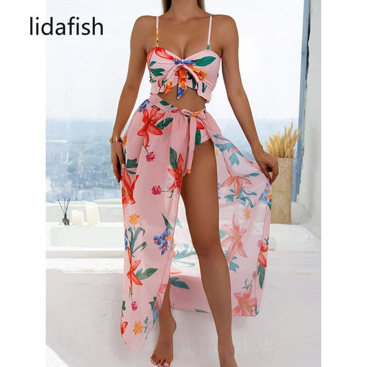 lidafish Nova Estampa 3 Peças Conjunto Maiô Feminino Cintura Alta Conjunto de Biquíni Lace Up Biquíni Com Saia Beachwear Maiô