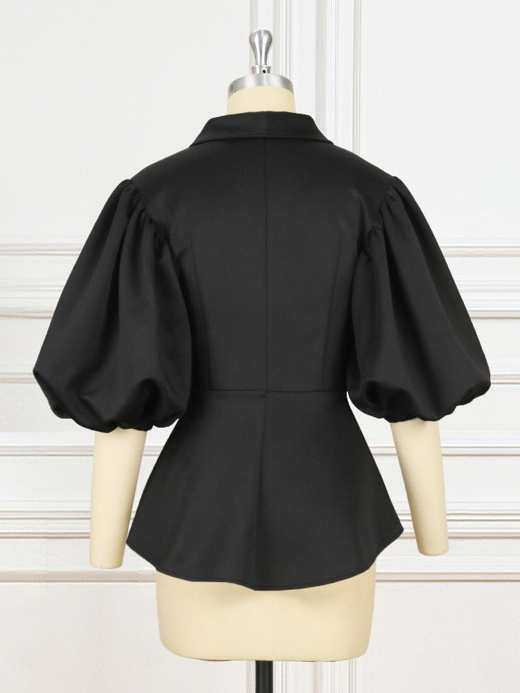 Black Top Blouses Short Puff Sleeve Ruffles Elegant Women Office Plus Size