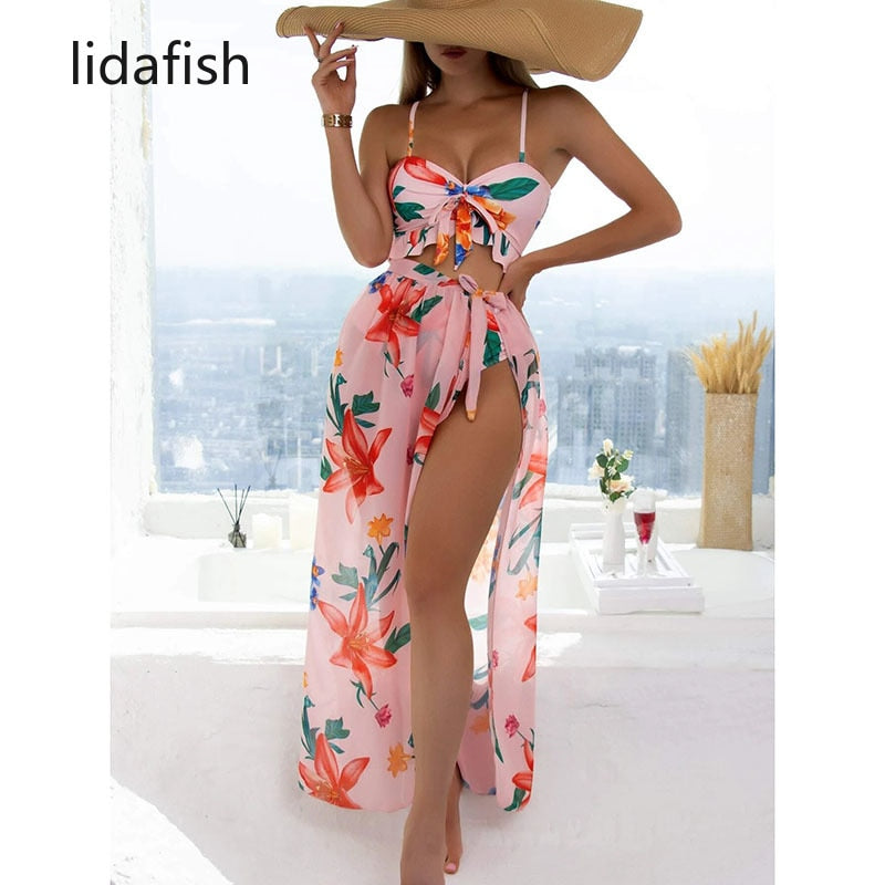 lidafish New Print 3 Pieces Set Swimsuit Women High Waist Swimwear Lace Up Bikini Set With Skirt Beachwear Bathing Suit