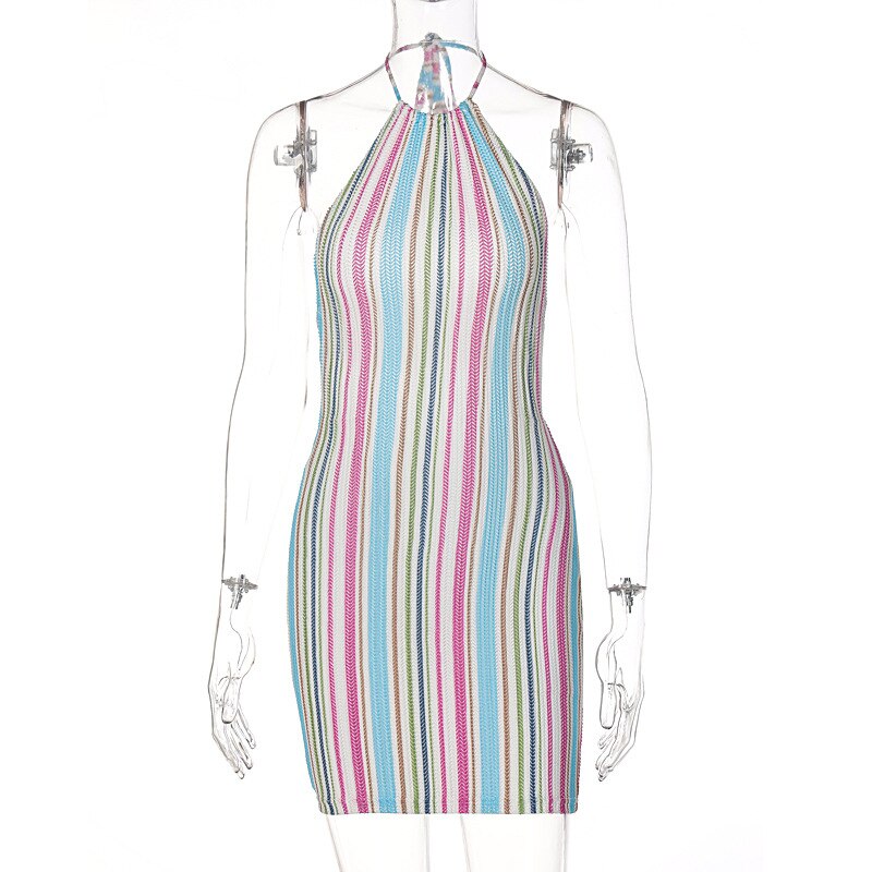 Women’s Fashion Sleeveless Stripe Printed Tie-up Backless Skinny Dress