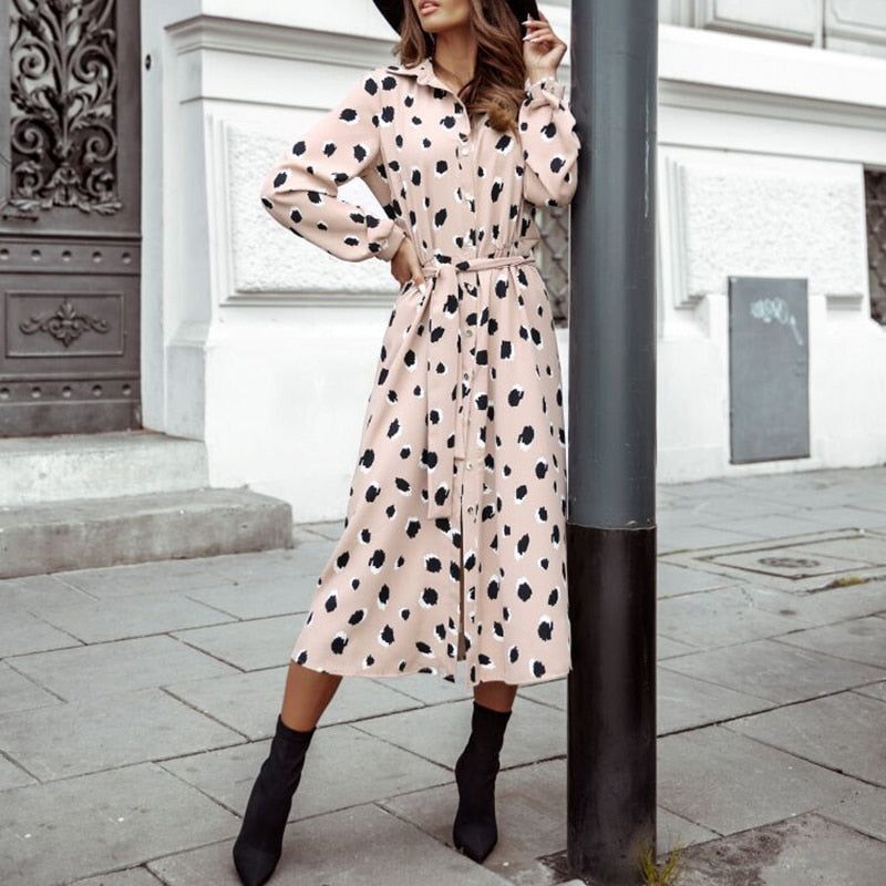 Spring Autumn Elegant Dress in V-Neck Polka Dot Print Three-Quarter Sleeve Lace-Up