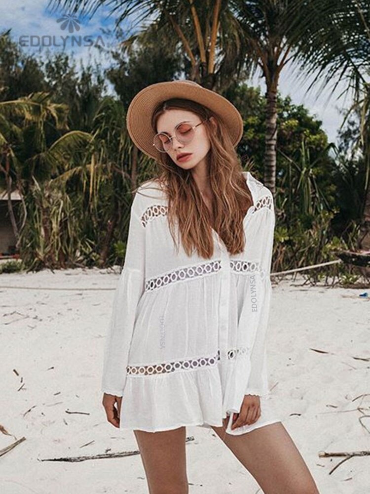 Women Swimsuit Cover Ups Mandarin Sleeve Kaftan Beach Tunic Dress Robe De Plage Solid White Pareo Beach Cover-ups