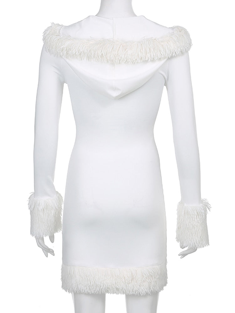 Furry White Bodycon Mini Dress with Long Sleeve and Hooded V Neck Skinny