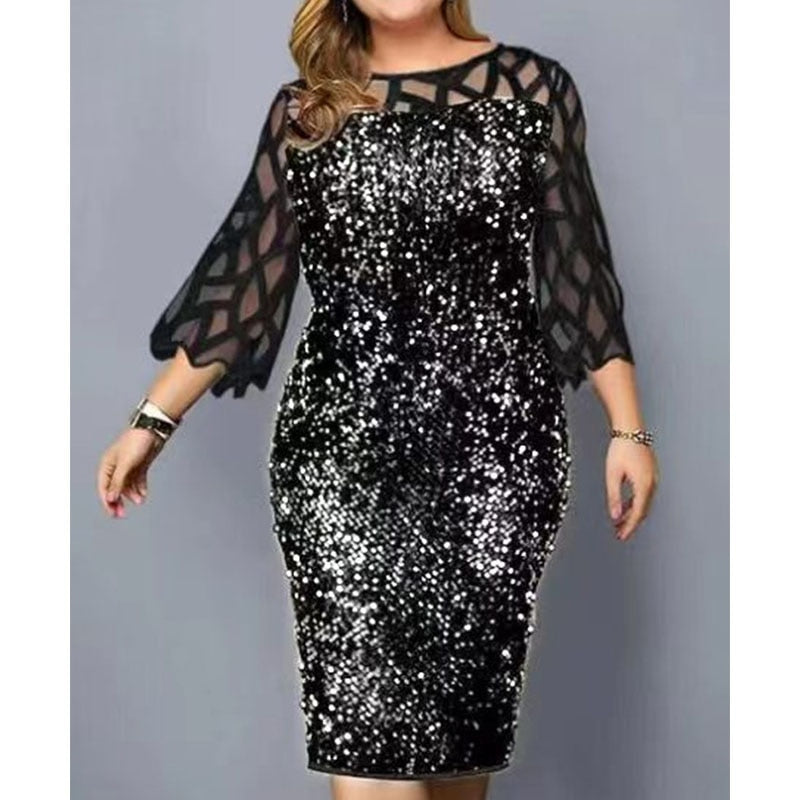 Vestido Feminino Plus Size Sexy Oco Linguados Renda Renda Lantejoula Moda Feminina Roupas Femininas Cor Sólida Vestidos de Festa Clube