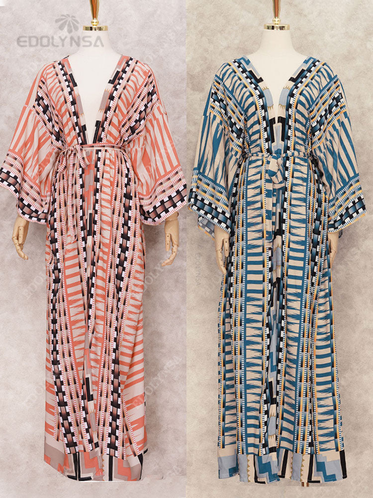 Bohemian Printed Bikini Cover-ups Elegant Self Belted Kimono Dress Tunic Women Plus Size Beach Wear Swim Suit Cover Up Q1228