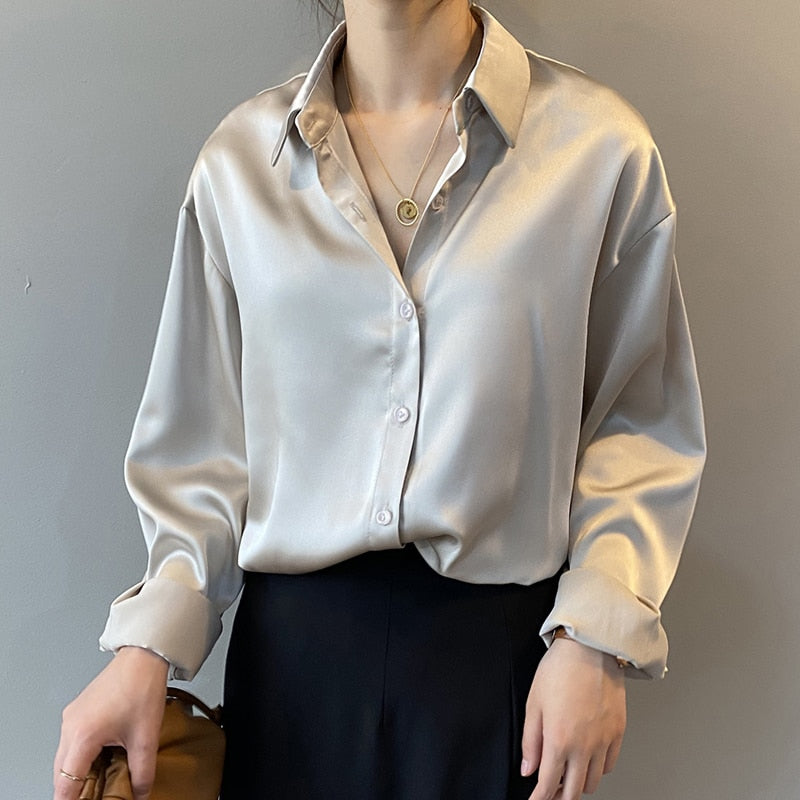 Autumn Fashion Button Up Satin Silk Shirt Vintage Blouse Women White Lady Long Sleeves Female Loose Street