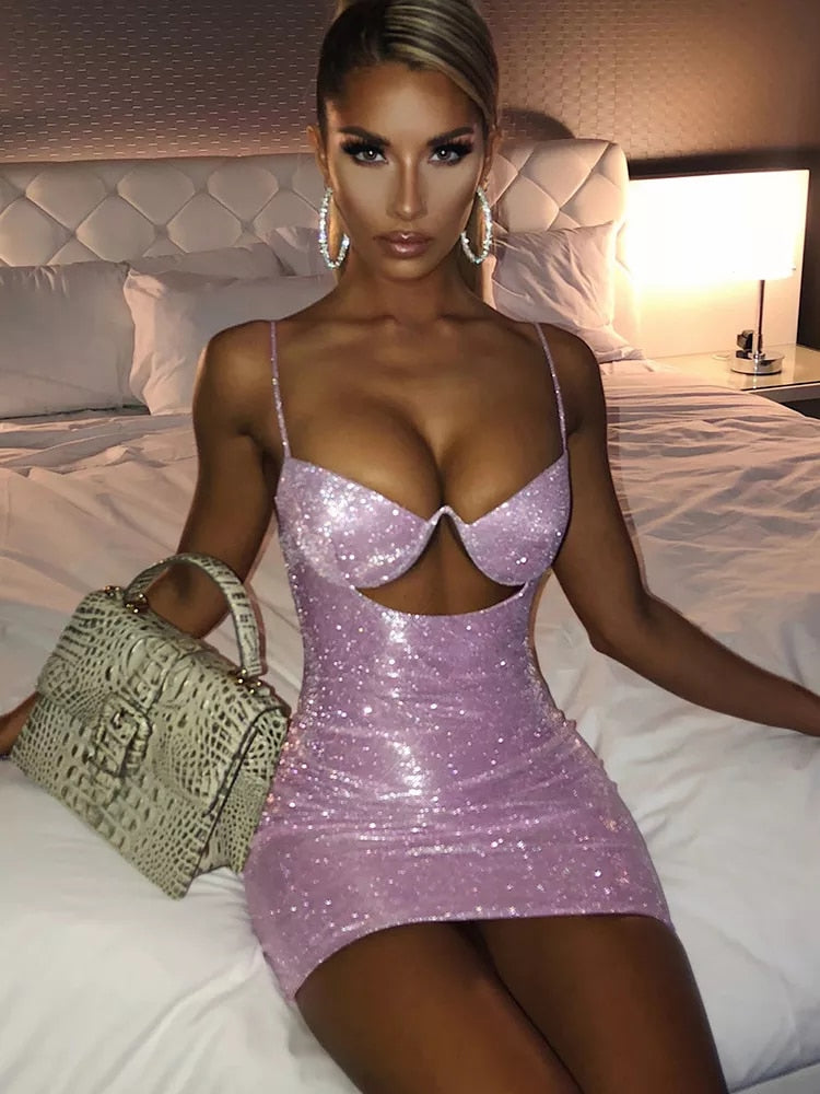 Sexy Dress with Bling Glitter Sequin Strap in V Neck Hollow Out Bodycon