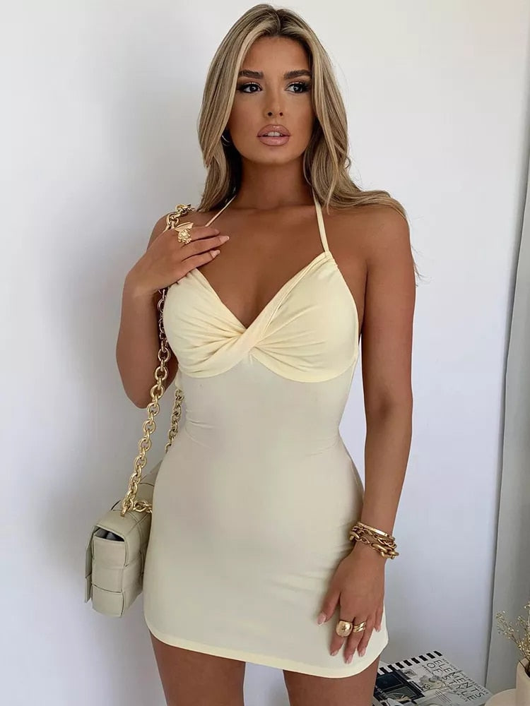 Vestido sexy sem mangas e sem costas franzido com cadarço halter bodycon