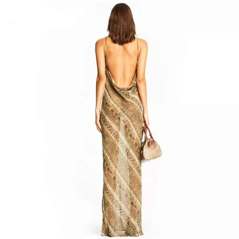 Night Backless and Sleeveless Dress with Snake Print Chiffon Long Party Transparent