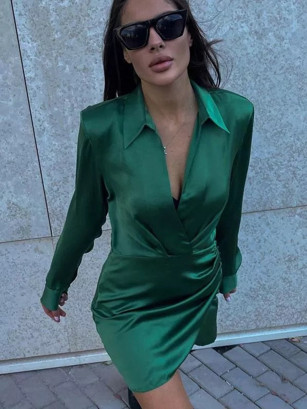 Solid Satin Dress wit Long Sleeve in V Neck Ruched Wrap Bodycon