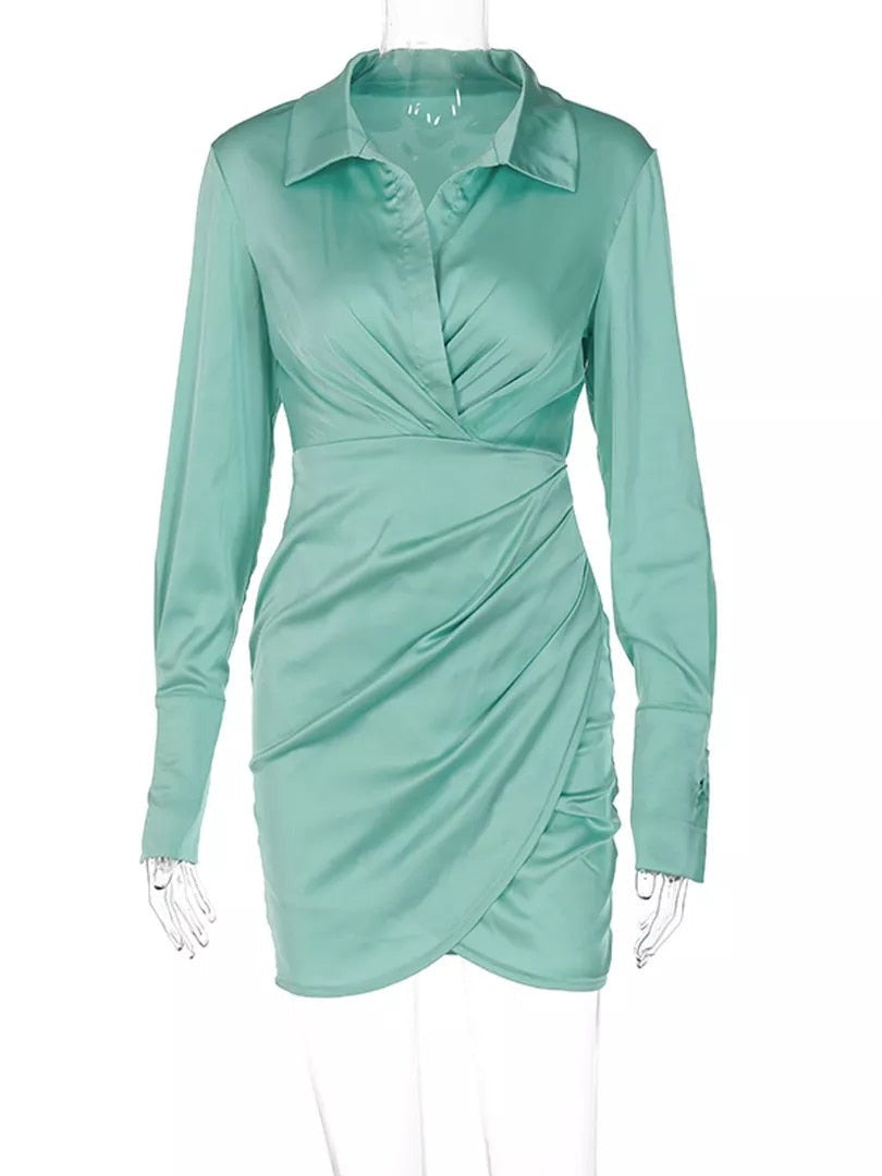 Solid Satin Dress wit Long Sleeve in V Neck Ruched Wrap Bodycon