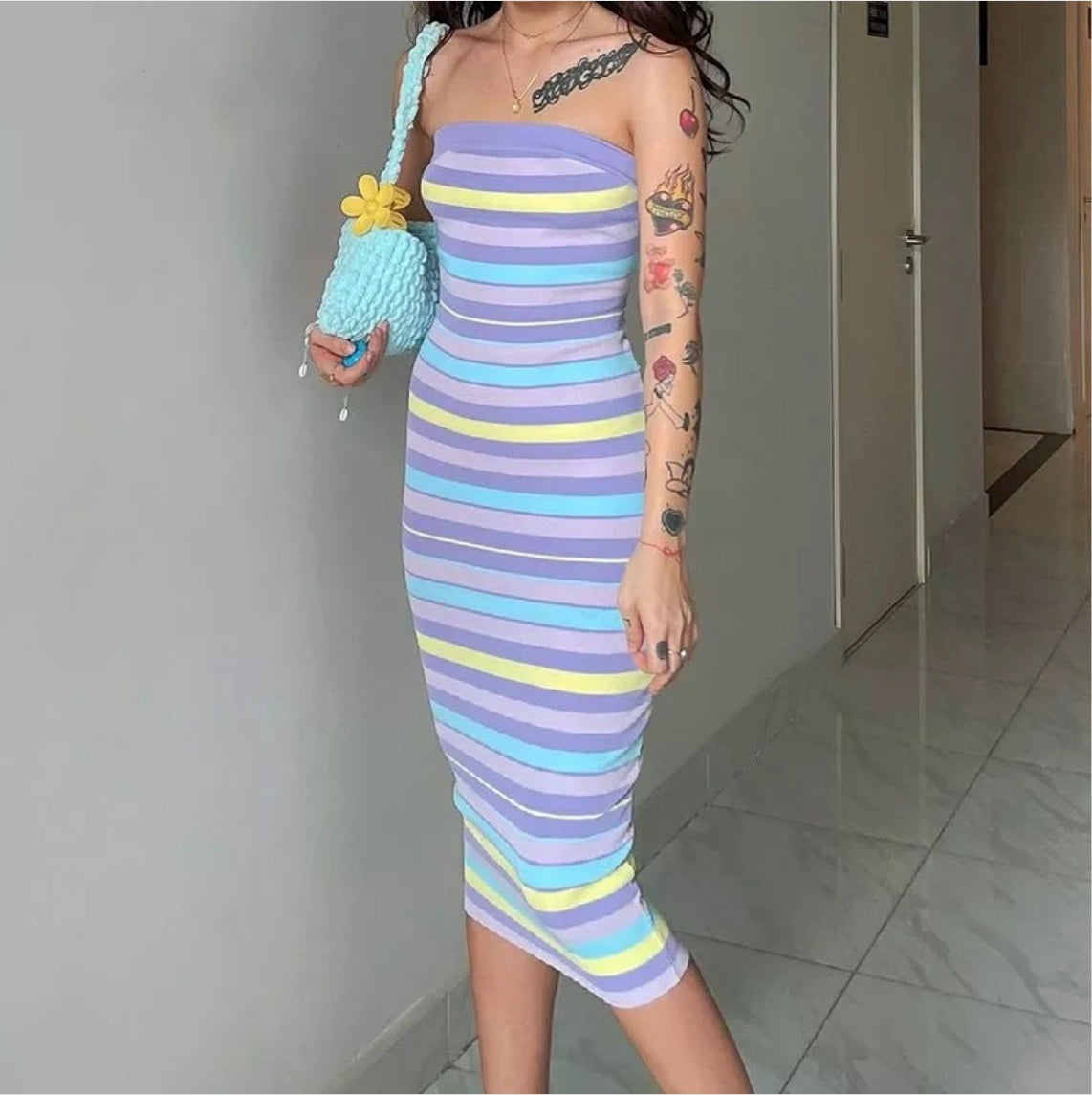 Striped Print Sleeveless Dress in Tube Bodycon