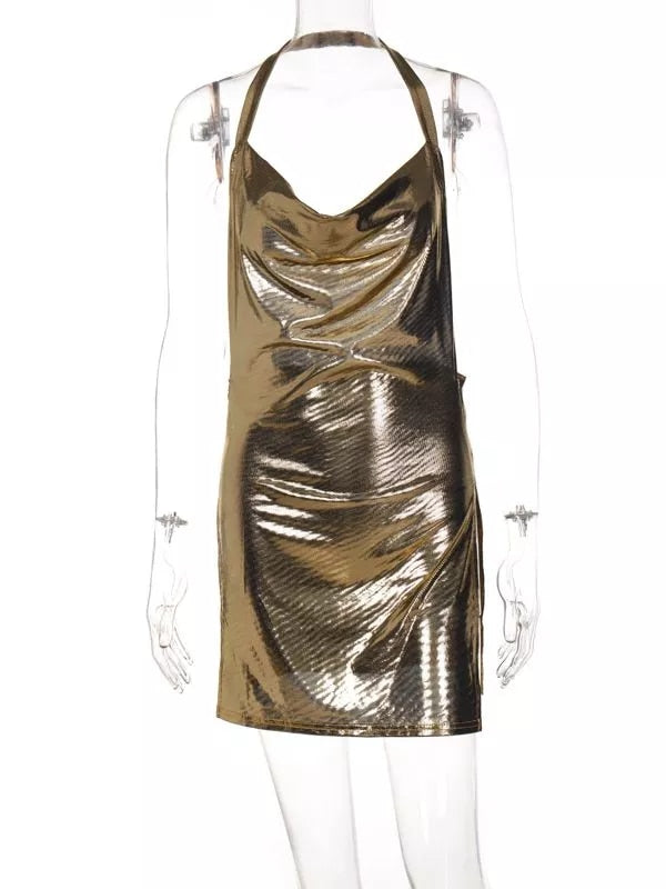 Sexy Neck Mounted Backless Dress with  Bling Glitter Bodycon