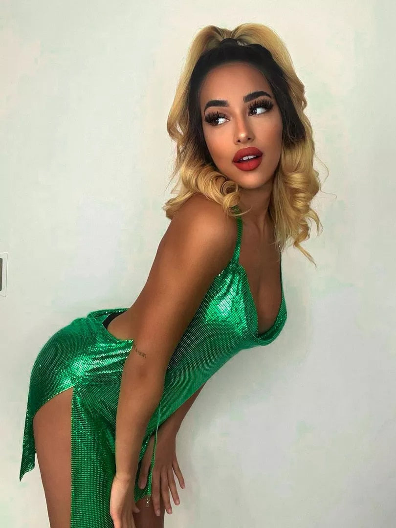 Sexy Neck Mounted Backless Dress with  Bling Glitter Bodycon