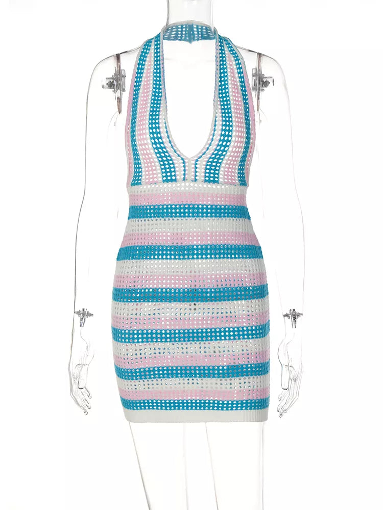 Crochet Knitted Sexy Backless Dress in V-Neck Halter Bodycon