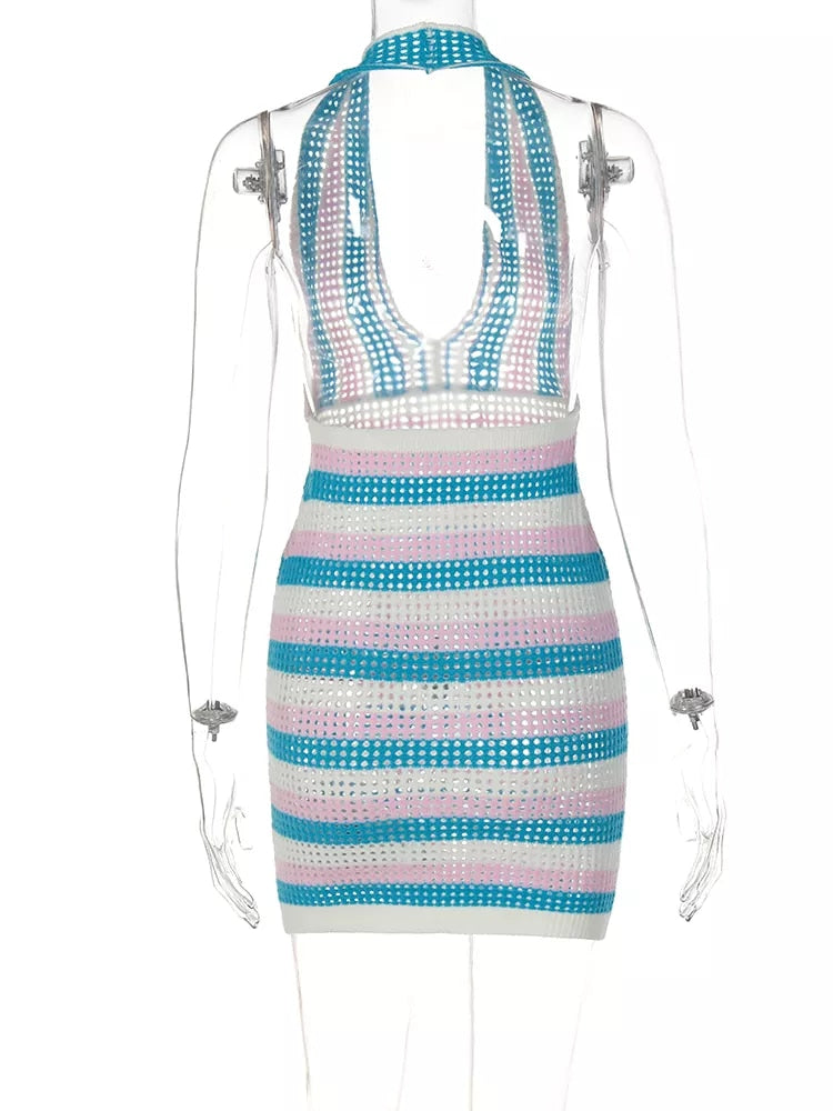 Crochet Knitted Sexy Backless Dress in V-Neck Halter Bodycon