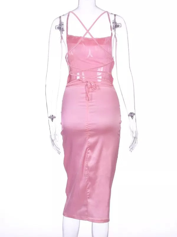 Vestido sexy sem mangas de cetim neon com cadarço