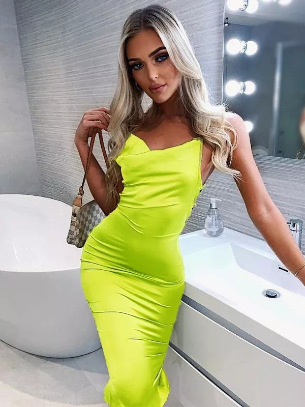 Vestido sexy sem mangas de cetim neon com cadarço