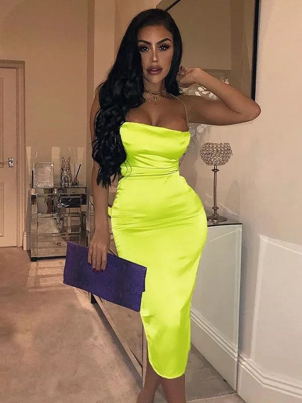 Sexy Neon Satin Lace Up Sleeveless Dress